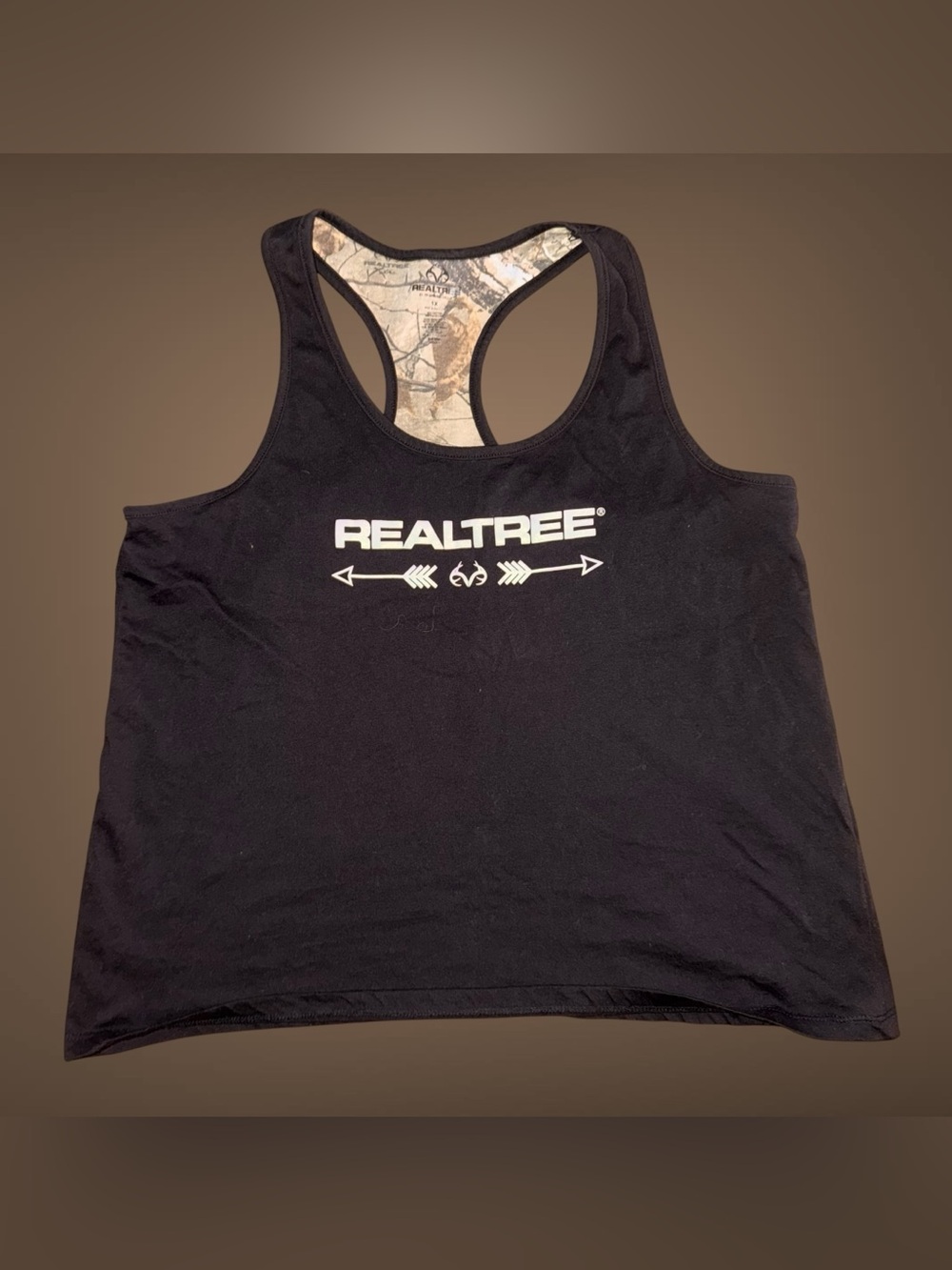 Realtree Womens 1X Black & Camouflage Racerback Tank Top Antler & Arrows Graphic